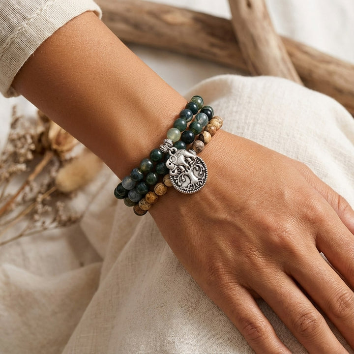 "Gaia" Mala Bracelet in Moss Agate & Landscape Jasper