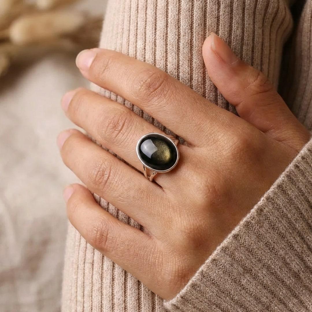 "Aura" Adjustable Ring in Golden Obsidian