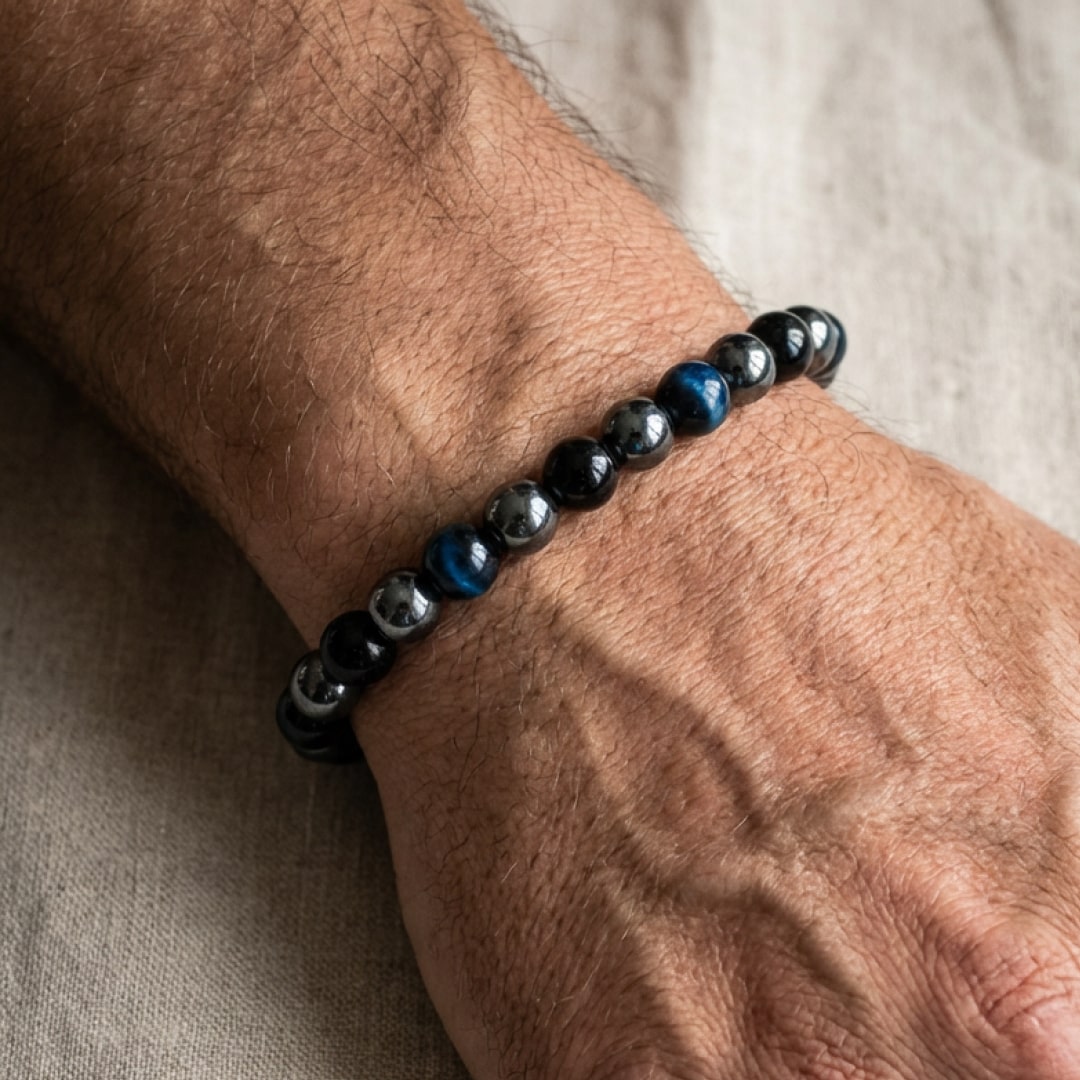 "Assured Cap" Bracelet in Hematite, Black Tourmaline & Blue Tiger Eye