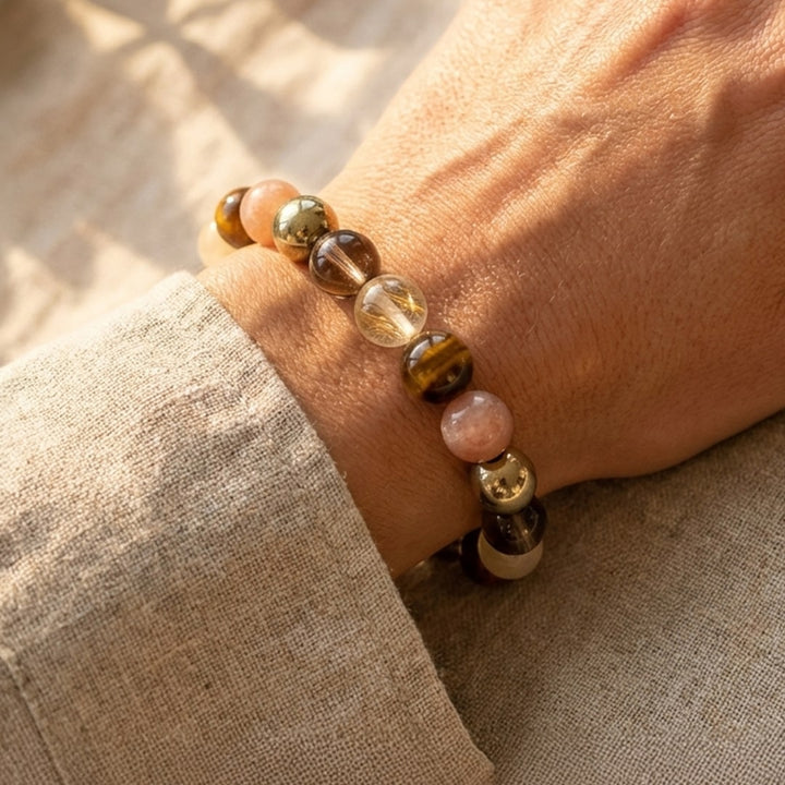"Solar Energy" Bracelet in Smoky Quartz, Tiger's Eye & Golden Rutile Quartz