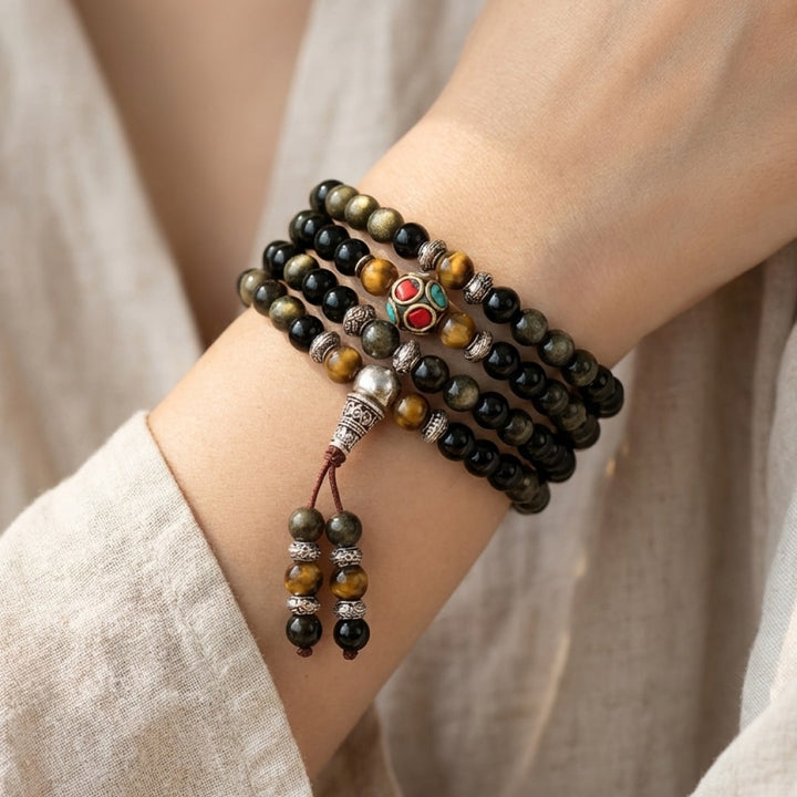 "Buddhist" Mala Bracelet in Black & Gold Obsidian