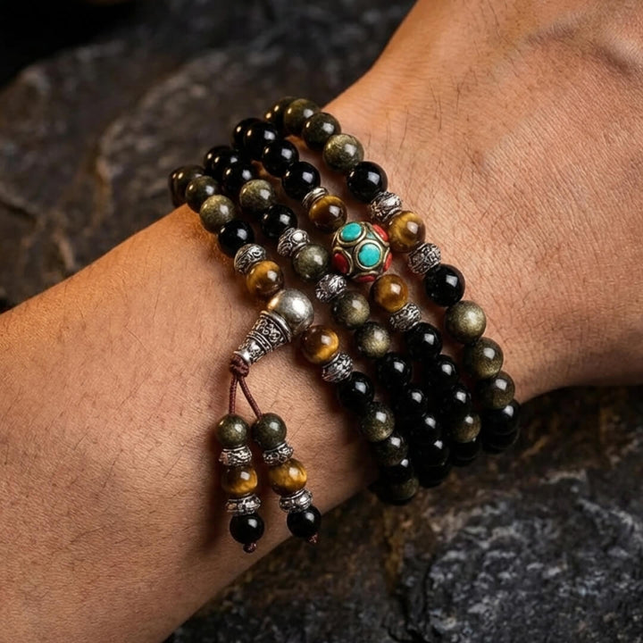 "Buddhist" Mala Bracelet in Black & Golden Obsidian