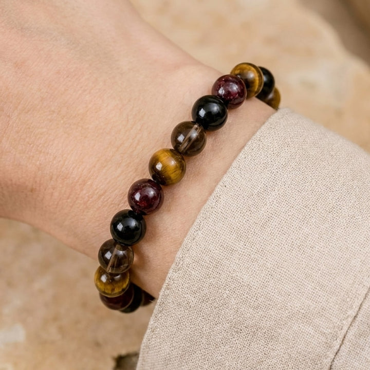 "Success & Protection" Bracelet in Tiger's Eye, Garnet, Black Tourmaline & Smoky Quartz