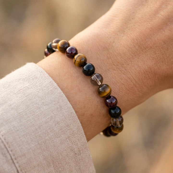 "Success & Protection" Bracelet in Tiger's Eye, Garnet, Black Tourmaline & Smoky Quartz