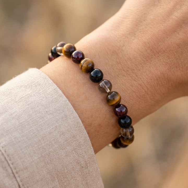 "Success & Protection" Bracelet in Tiger's Eye, Garnet, Black Tourmaline & Smoky Quartz