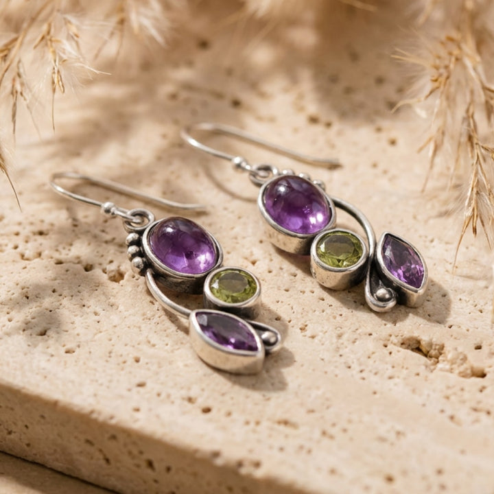 "Serenity Cascade" Earrings in Amethyst & Peridot