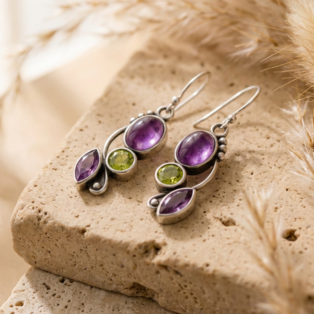 "Cascade of Serenity" Earrings in Amethyst & Peridot