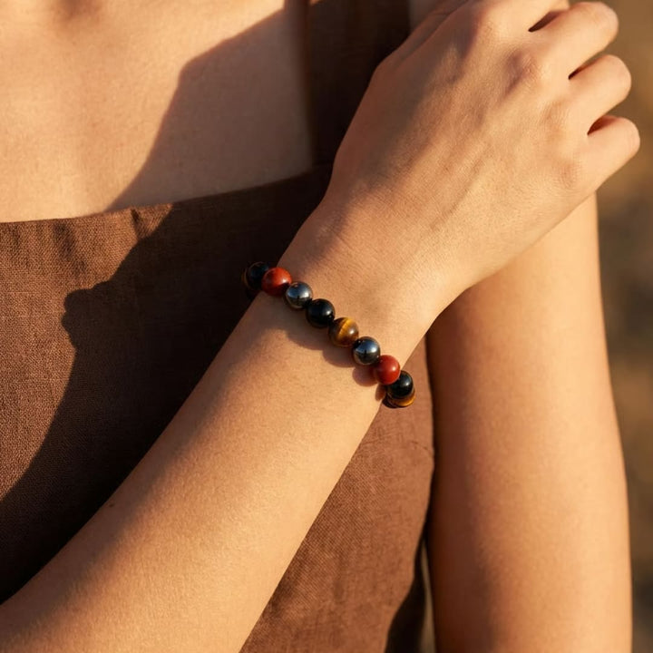 "Anchoring & Protection" Bracelet in Tourmaline, Red Jasper, Hematite & Tiger's Eye