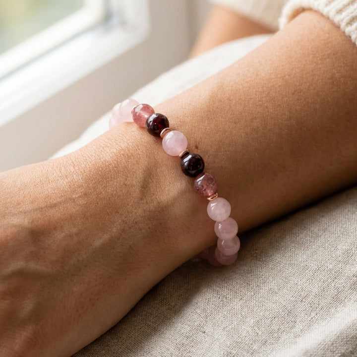 "Infinity Love" Bracelet in Rose Quartz, Garnet & Strawberry Quartz