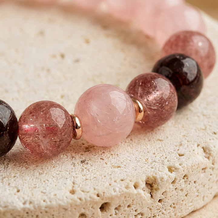 "Infinity Love" Bracelet in Rose Quartz, Garnet & Strawberry Quartz