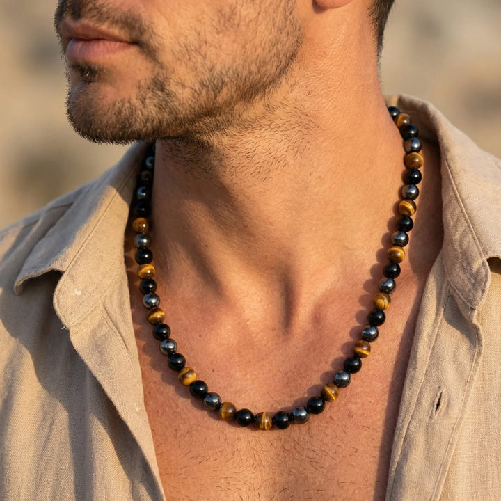 "3 Protections" Necklace in Hematite, Obsidian & Tiger's Eye