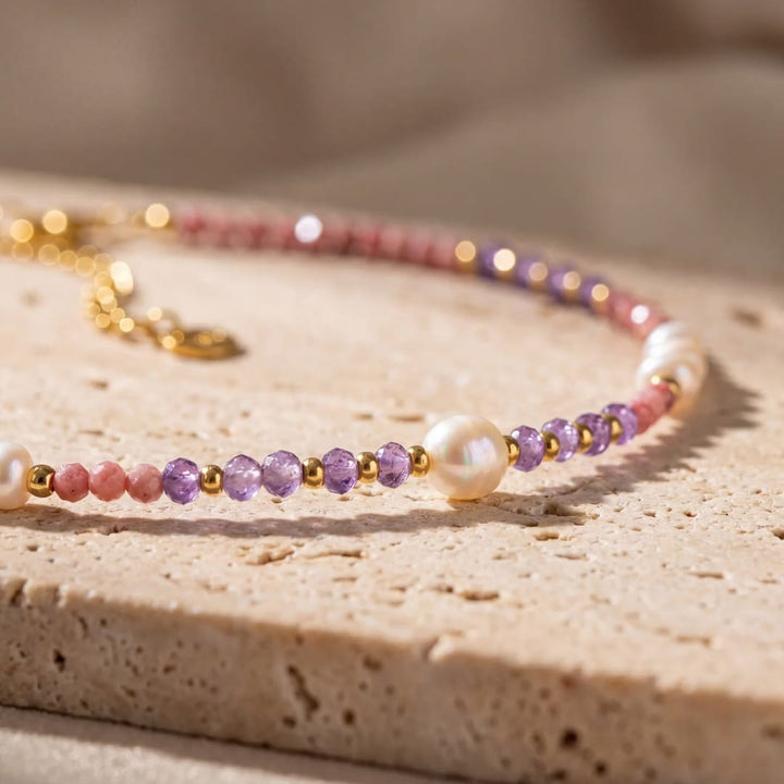 "Radiance of Serenity" Necklace in Rhodonite, Amethyst & Freshwater Pearls