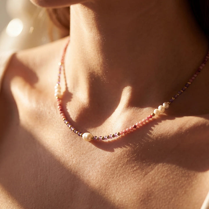 "Radiance of Serenity" Necklace in Rhodonite, Amethyst & Freshwater Pearls
