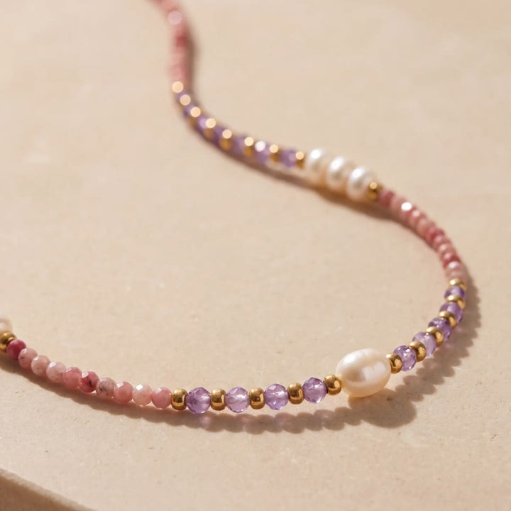 "Radiance of Serenity" Necklace in Rhodonite, Amethyst & Freshwater Pearls