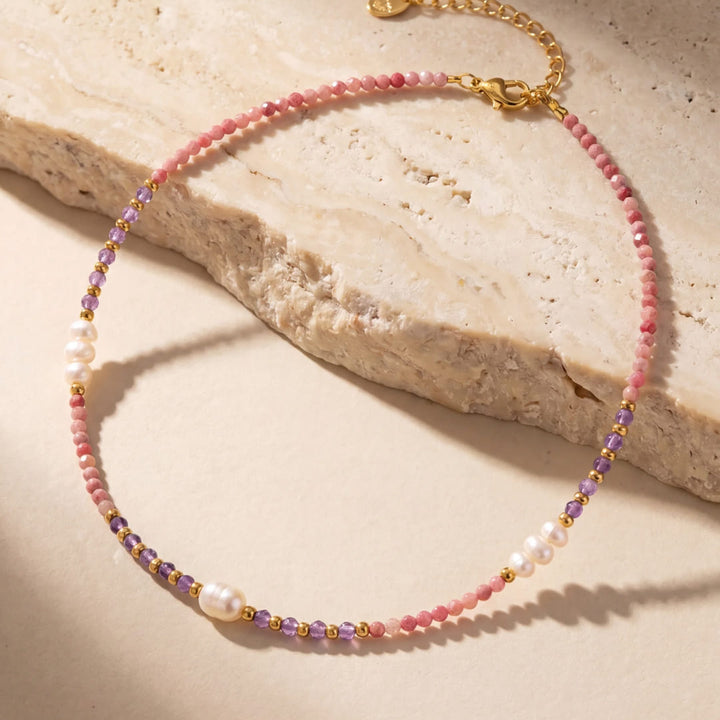 "Radiance of Serenity" Necklace in Rhodonite, Amethyst & Freshwater Pearls