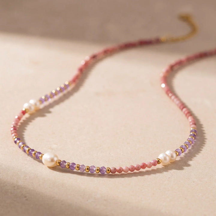 "Radiance of Serenity" Necklace in Rhodonite, Amethyst & Freshwater Pearls