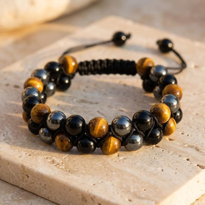 "Triple Protection" Braided Bracelet in Hematite, Tiger's Eye & Obsidian