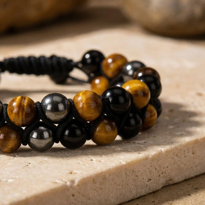 "Triple Protection" Braided Bracelet in Hematite, Tiger's Eye & Obsidian