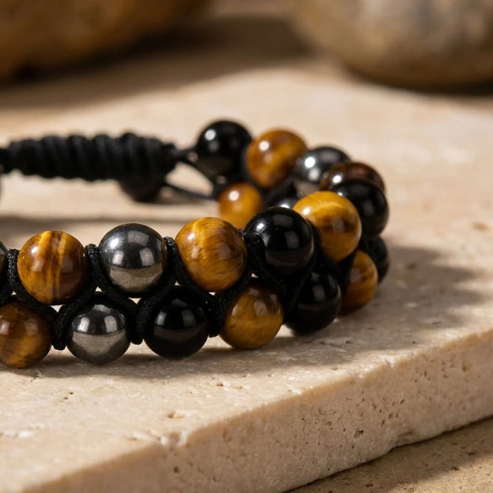 "Triple Protection" Braided Bracelet in Hematite, Tiger's Eye & Obsidian