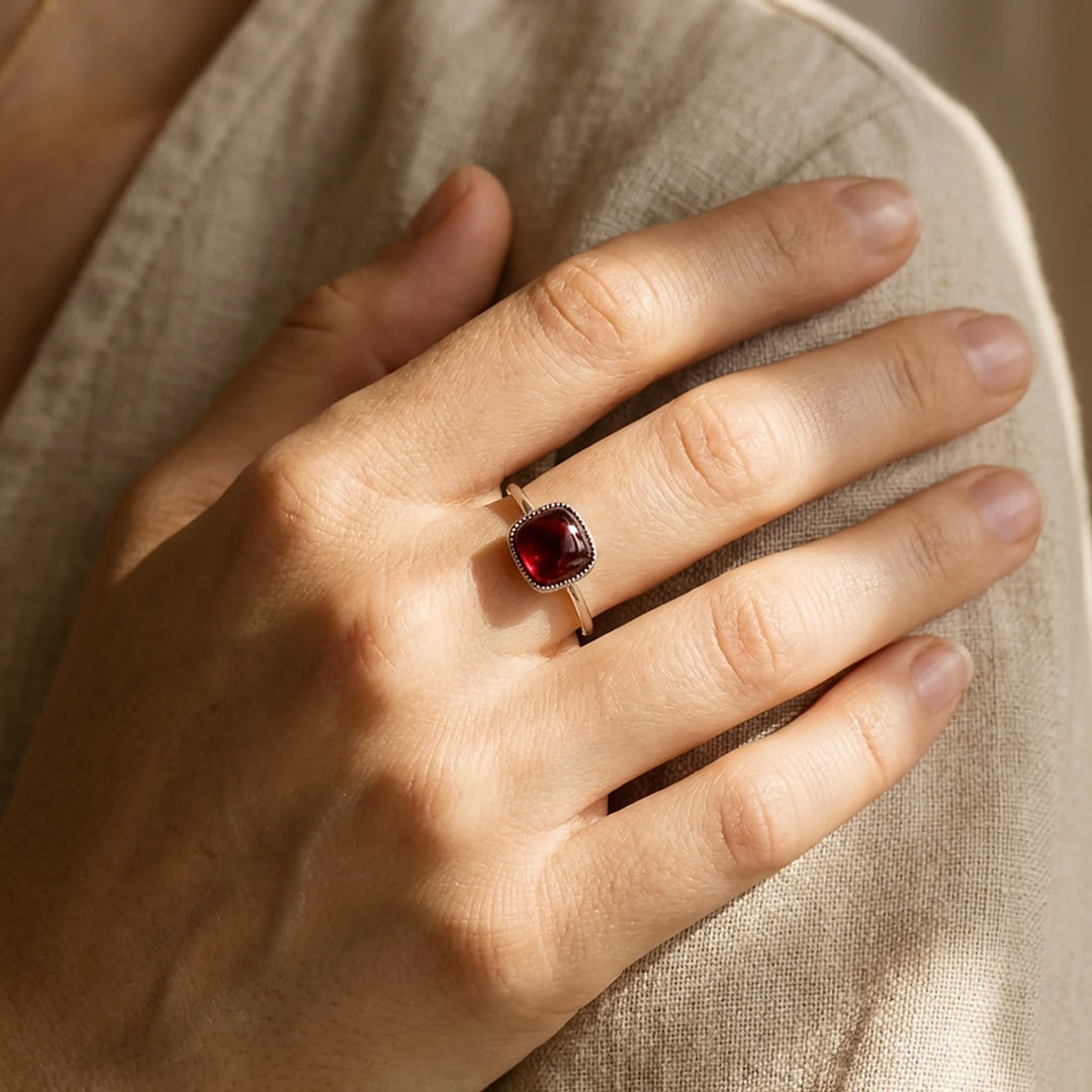 Adjustable Ring "Square Passion" in Garnet