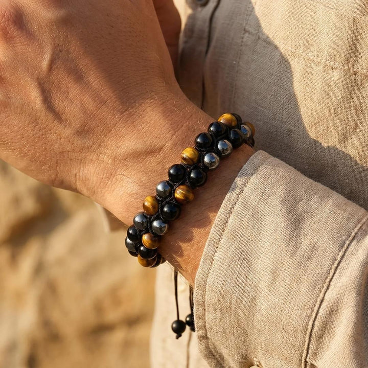 "Triple Protection" Braided Bracelet in Hematite, Tiger's Eye & Obsidian