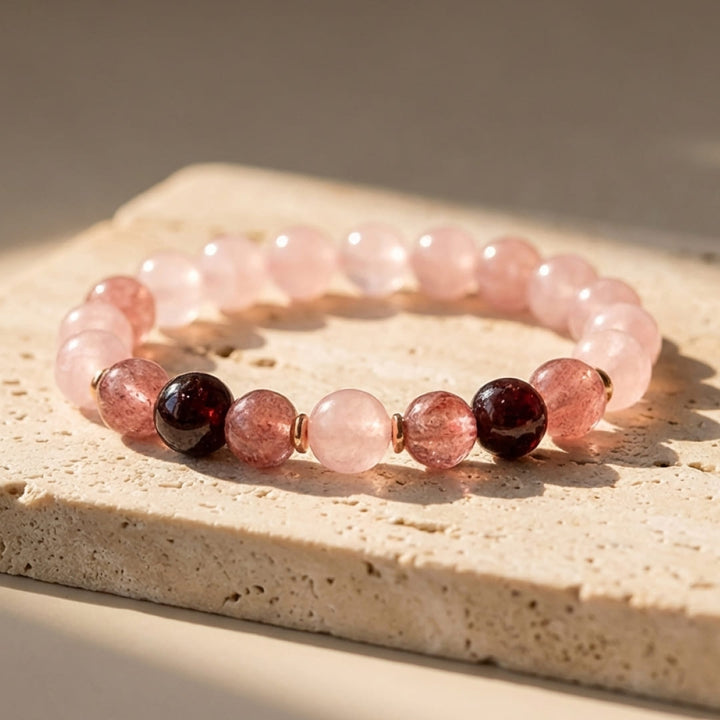 "Infinity Love" Bracelet in Rose Quartz, Garnet & Strawberry Quartz