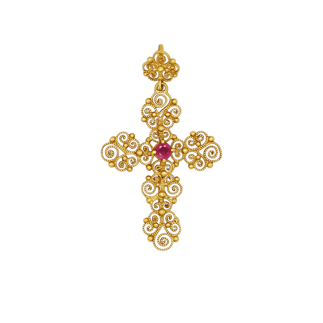 MADREVITATO CROSS PENDANT - GOLD AND RUBY