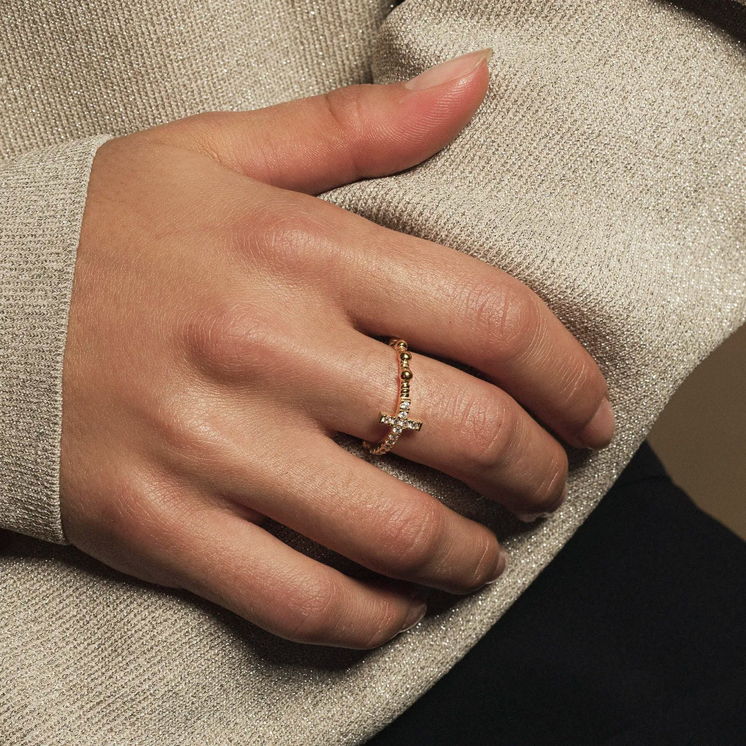 ROSARY RING WITH CROSS - VERMEIL SILVER AND ZIRCONIA