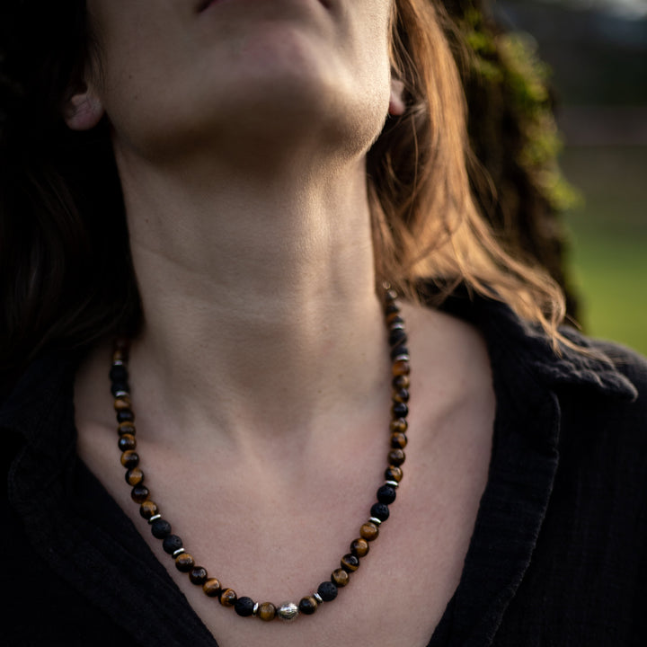 "Earth & Fire Energy" Necklace in Lava Stone & Tiger's Eye
