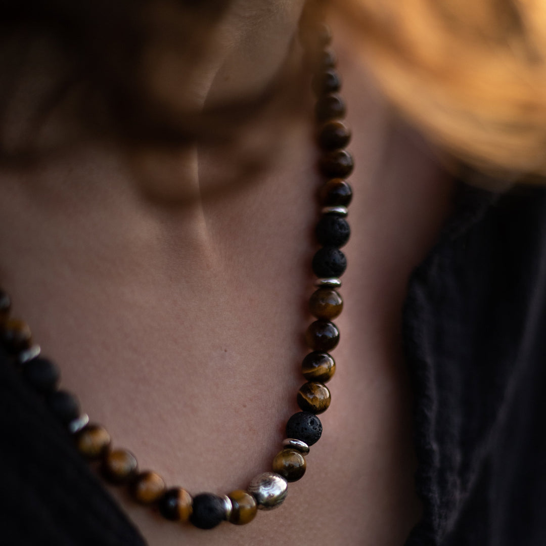 "Earth & Fire Energy" Necklace in Lava Stone & Tiger's Eye