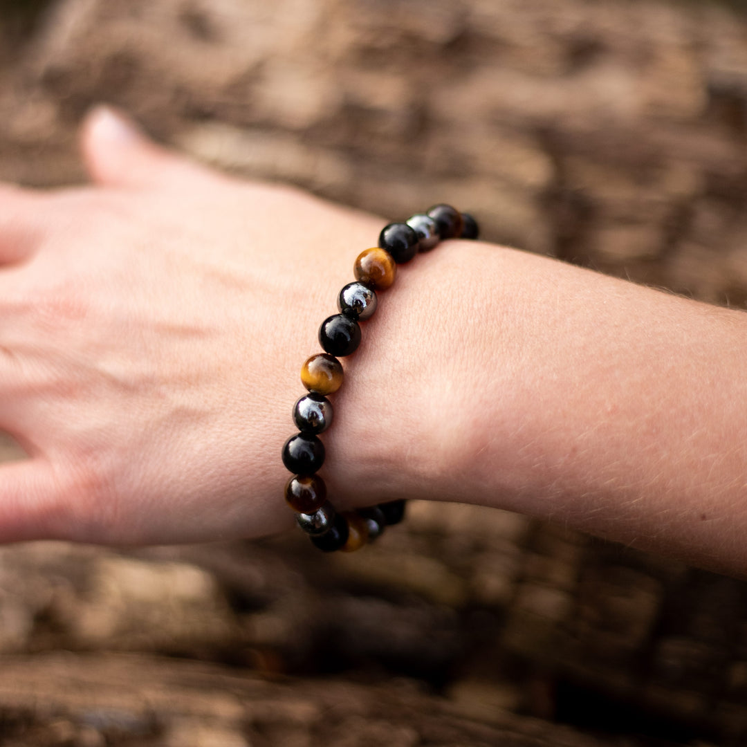 "3 Protections" Bracelet in Tiger's Eye, Hematite & Black Obsidian