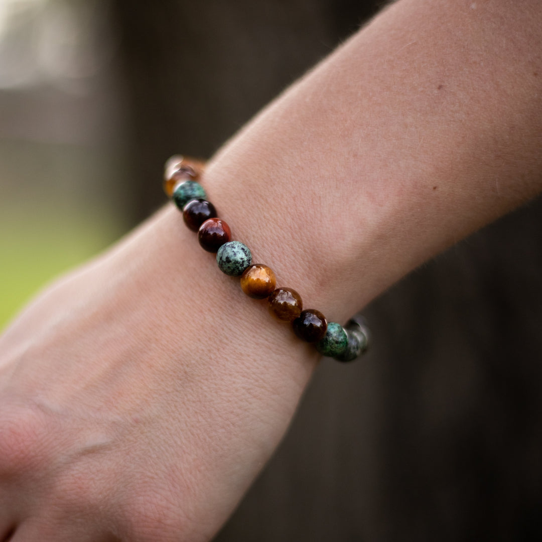 "Protective Energies" Bracelet in Tiger Eye, Bull Eye, African Turquoise & Onyx