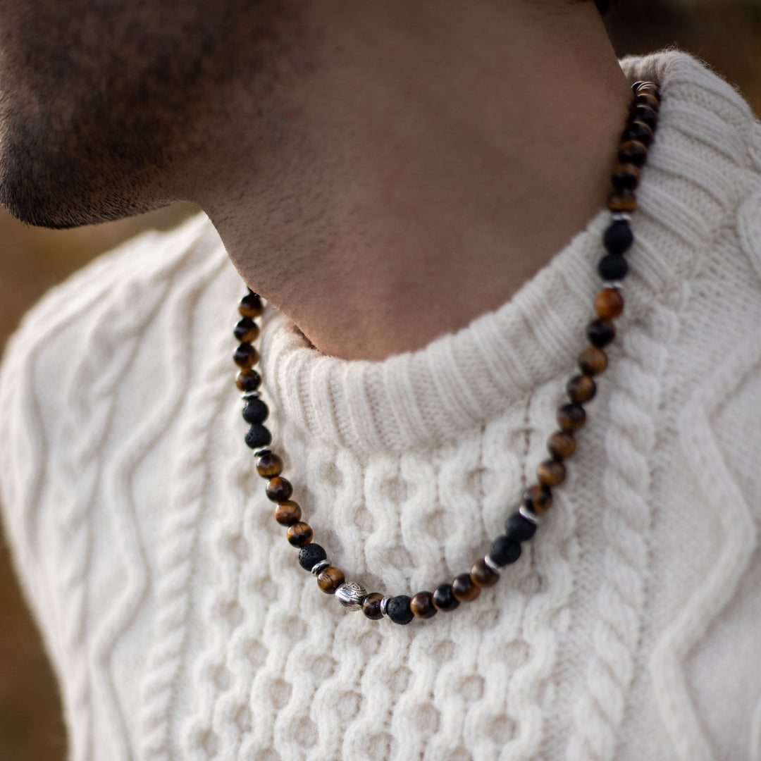 "Earth & Fire Energy" Necklace in Lava Stone & Tiger's Eye