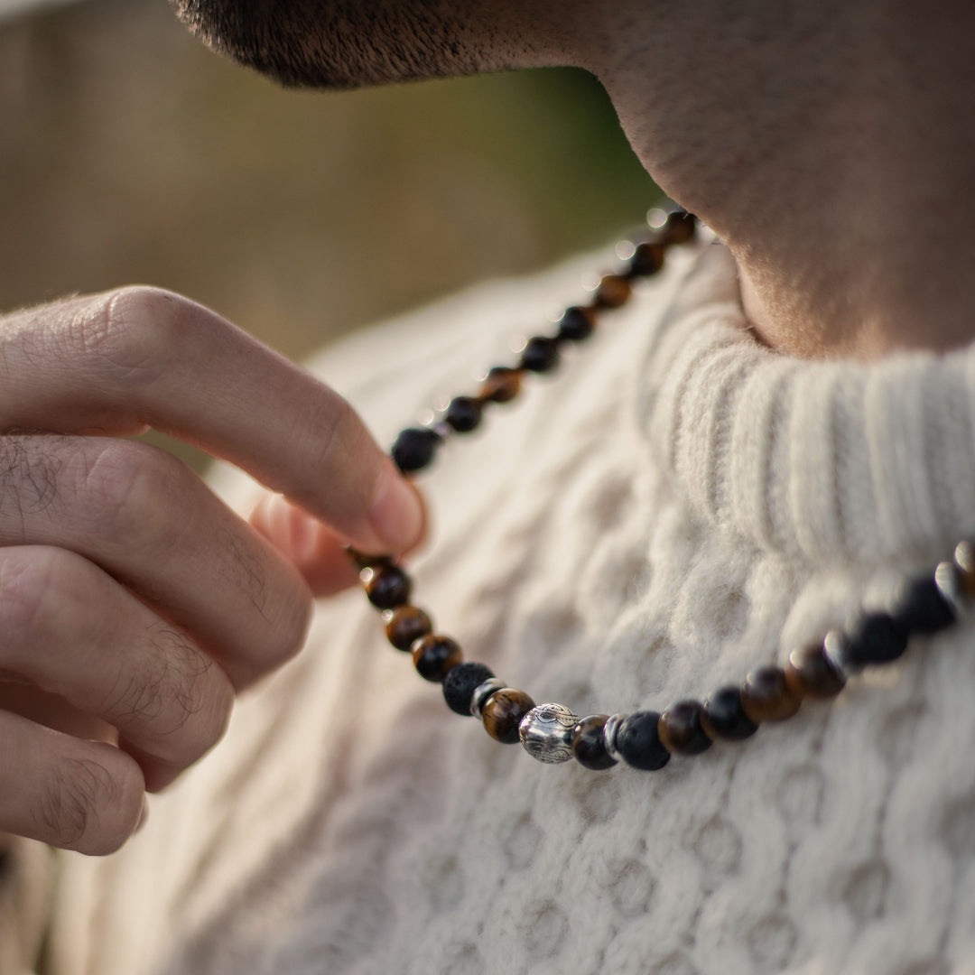"Earth & Fire Energy" Necklace in Lava Stone & Tiger's Eye