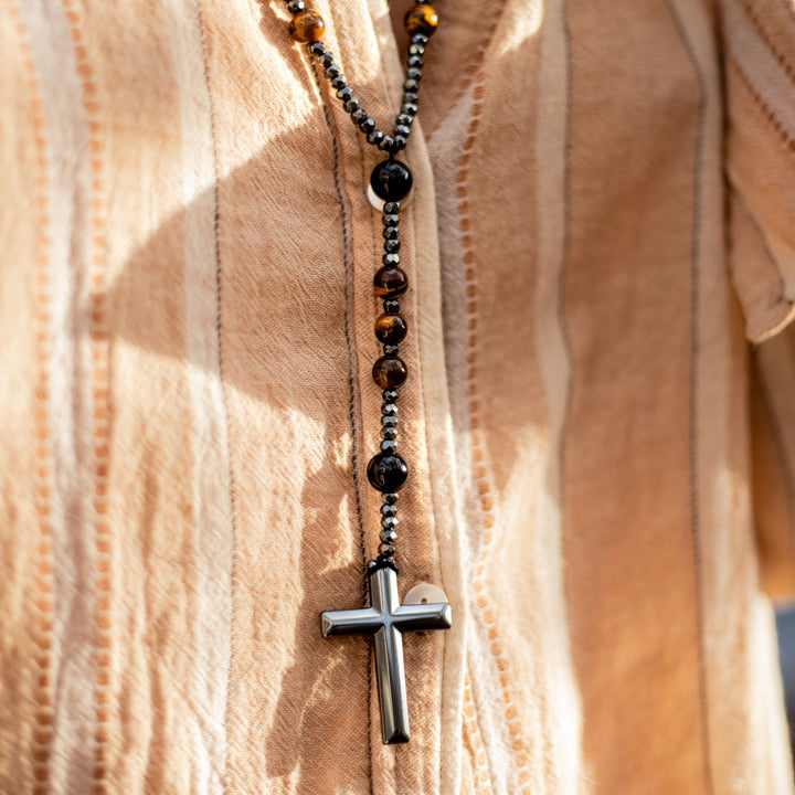 "Protection" Rosary Necklace in Tiger's Eye