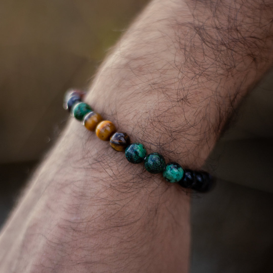 "Protective Energies" Bracelet in Tiger Eye, Bull Eye, African Turquoise & Onyx