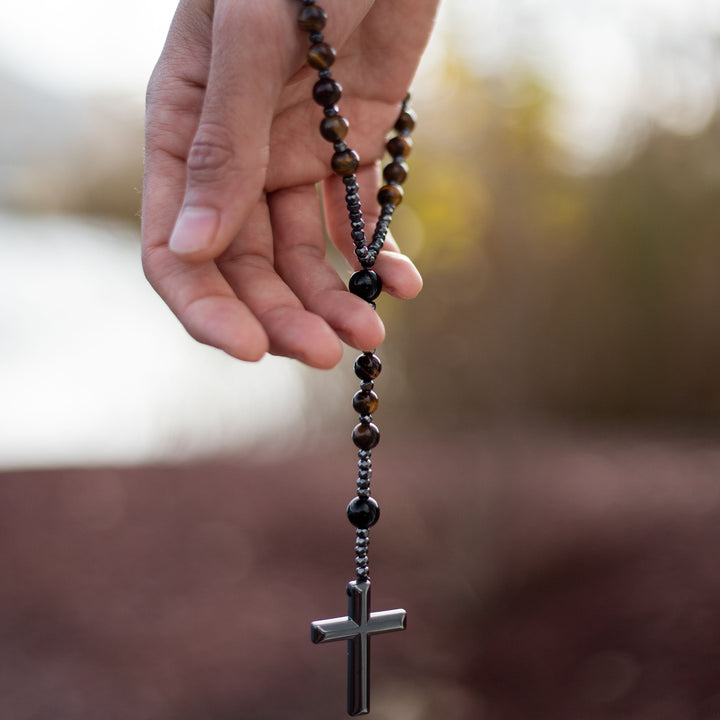 "Protection" Rosary Necklace in Tiger's Eye