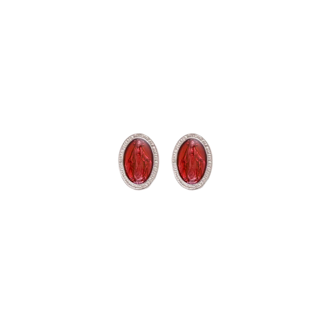 RED MIRACULOUS MEDAL - STUD EARRINGS - SILVER