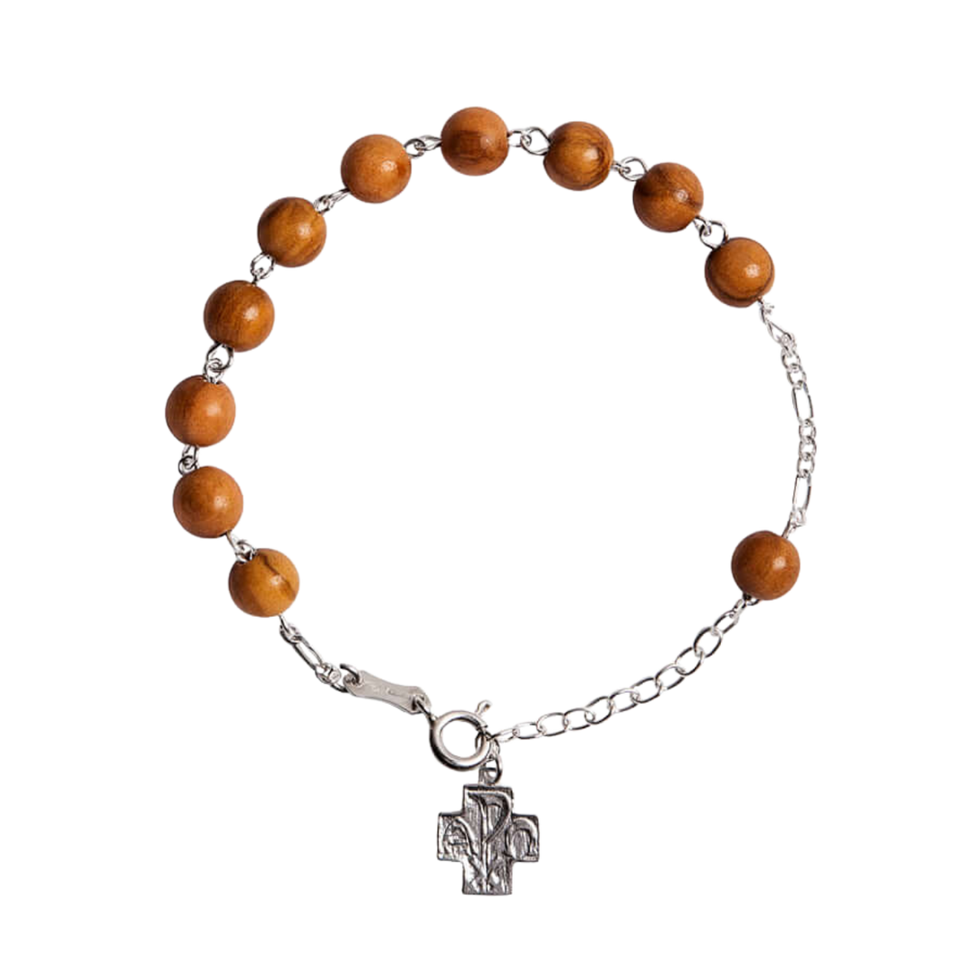 OLIVE WOOD ROSARY BEAD BRACELET - SILVER