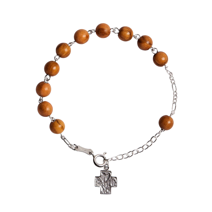 OLIVE WOOD ROSARY BEAD BRACELET - SILVER