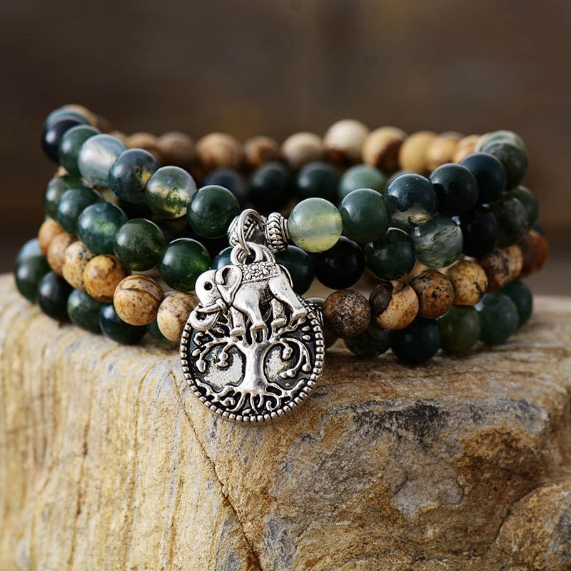 "Mala" Bracelet "Gaia" in Moss Agate & Landscape Jasper