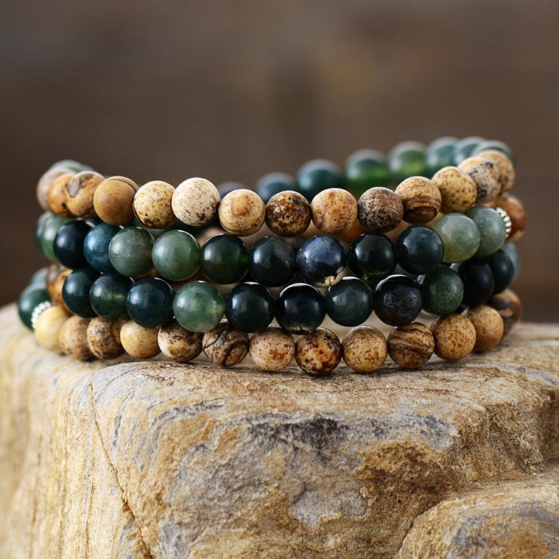 "Mala" Bracelet "Gaia" in Moss Agate & Landscape Jasper