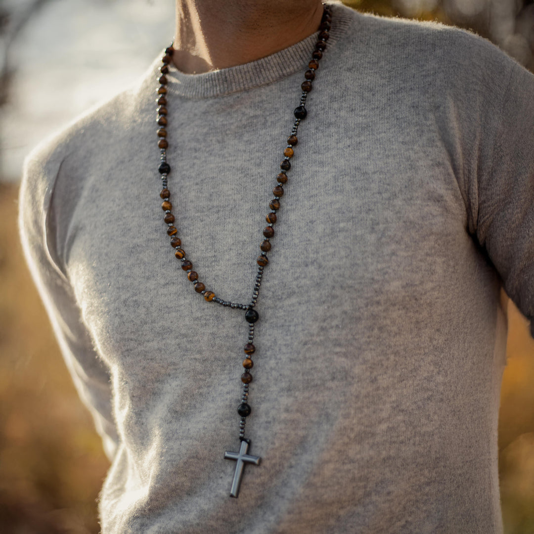 "Protection" Rosary Necklace in Tiger's Eye
