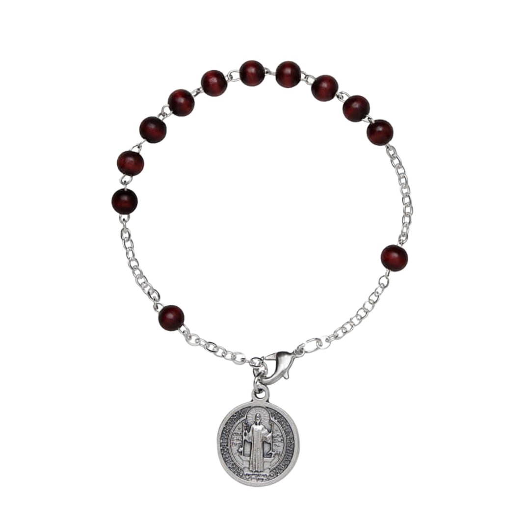 ST BENEDICT - WOOD ROSARY BRACELET - METAL
