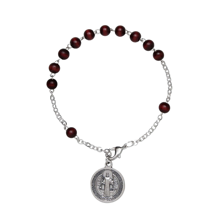 ST BENEDICT - WOOD ROSARY BRACELET - METAL