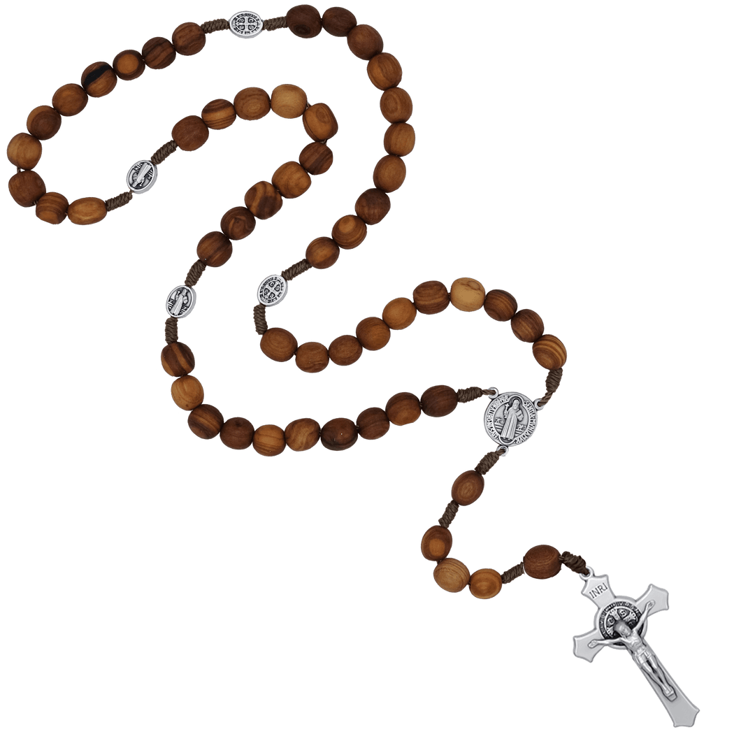 ST BENEDICT - ROSARY - OLIVE WOOD AND ROPE
