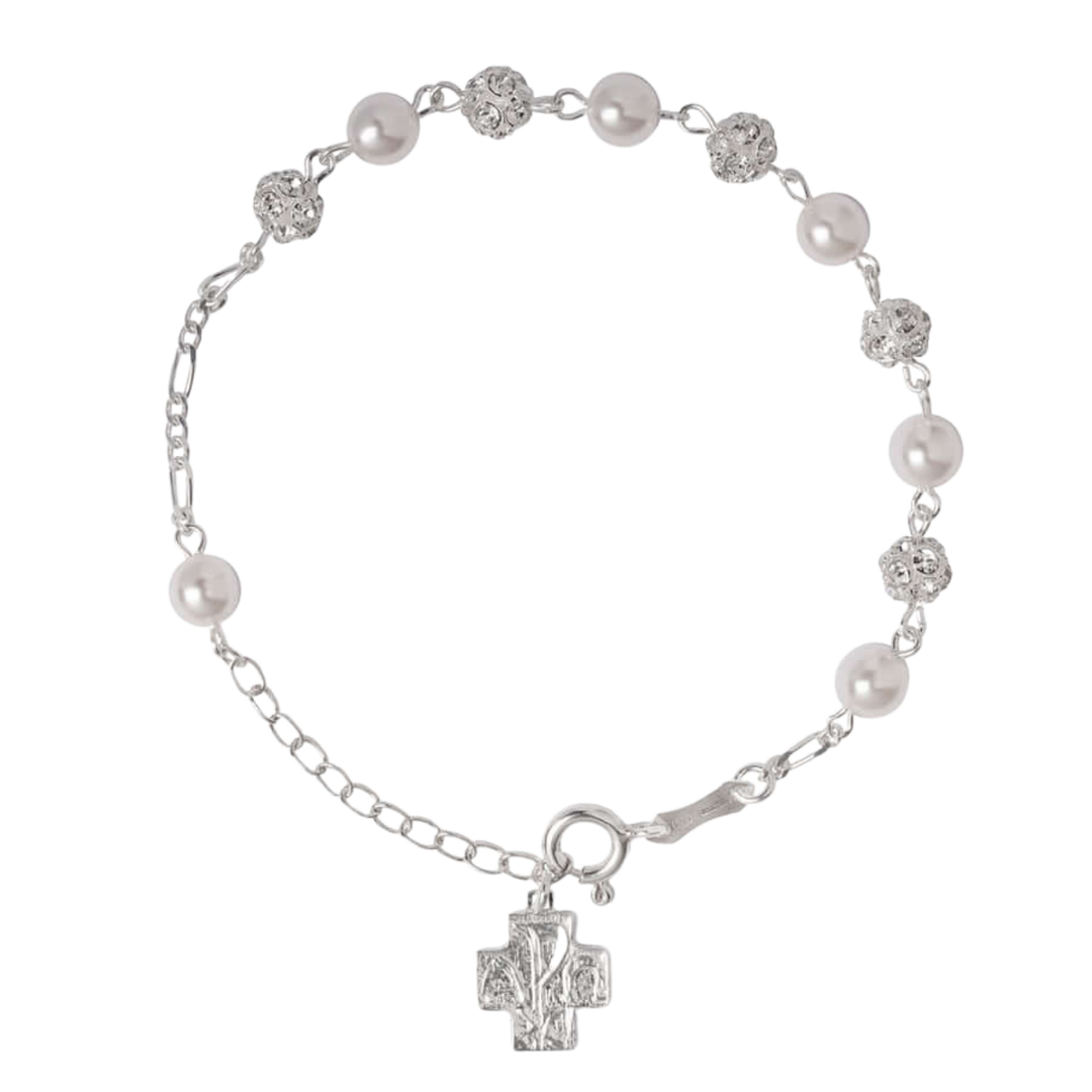 STRASS BALL IN GLASS - PEARL ROSARY BRACELET - SILVER