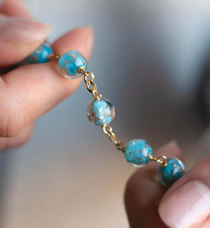 LIGHT BLUE GLASS BEAD ROSARY - VERMEIL SILVER