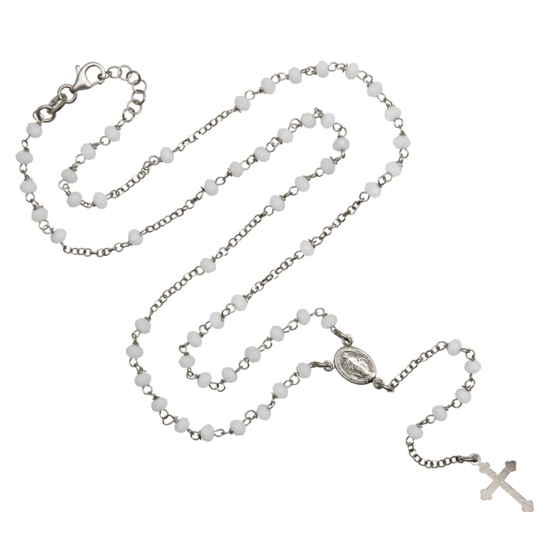 WHITE CRYSTAL ROSARY NECKLACE - SILVER