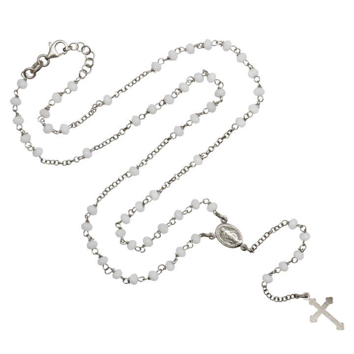 WHITE CRYSTAL ROSARY NECKLACE - SILVER